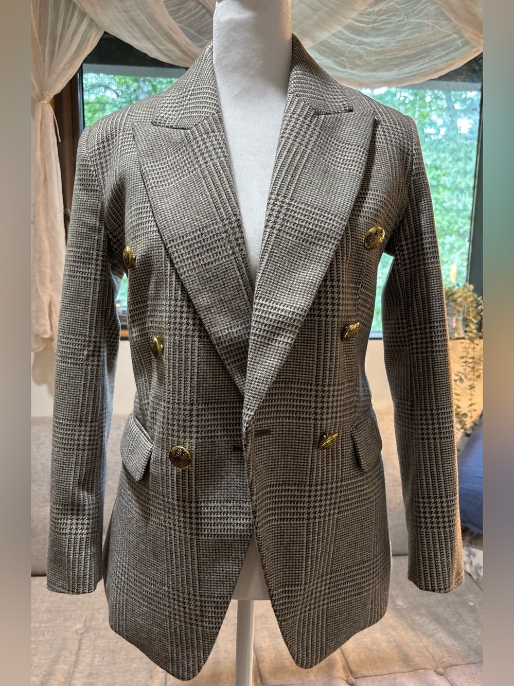 Banana Republic Factory Plaid Icon Blazer Natural Stone 0 Petite